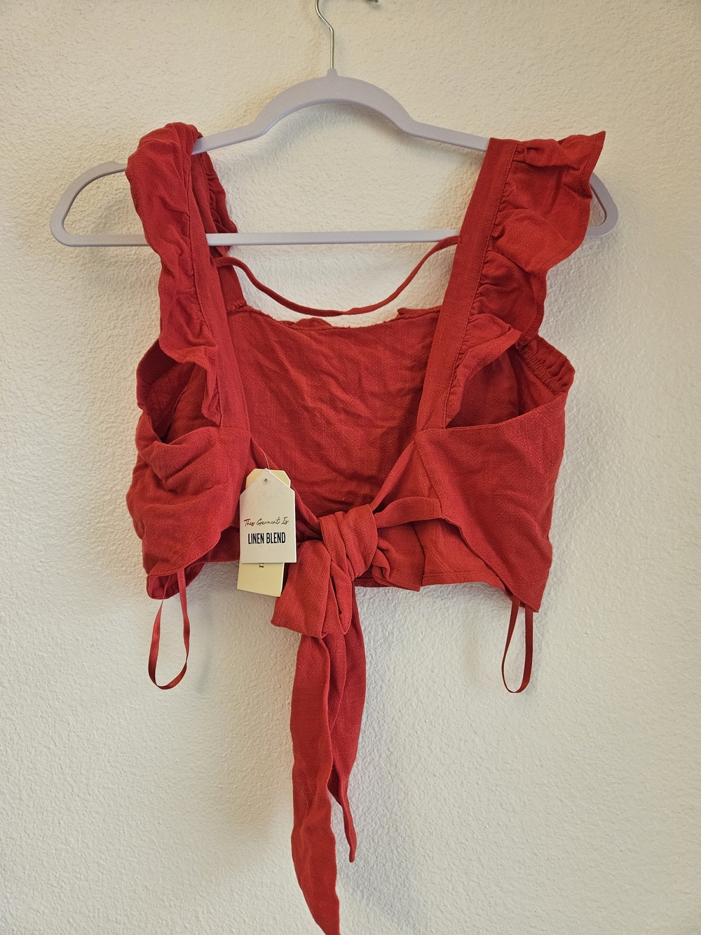 Monteau Red Ruffle Tie-Front Ruffle Strap Crop Top Linen Blend - Picture 2 of 7